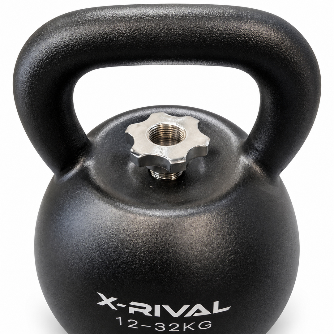 X-RIVAL kettlebell, loosened top locking knob and thread detail