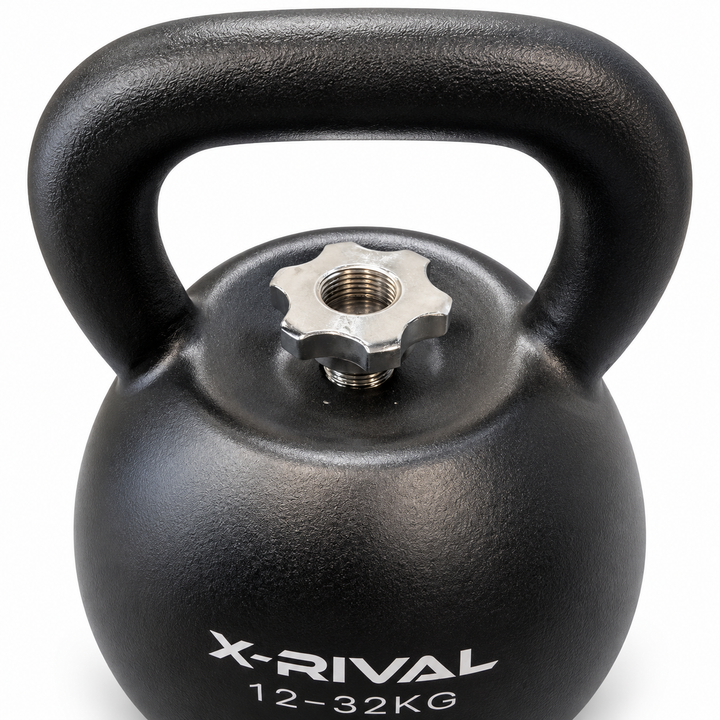 X-RIVAL kettlebell, loosened top locking knob and thread detail