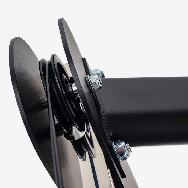 Close-up of a black metal bracket with bolts on a white background