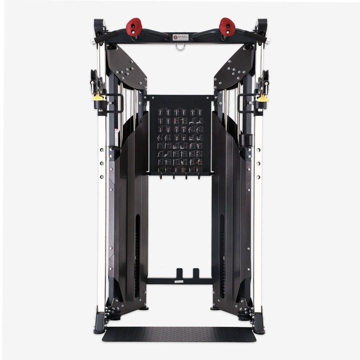 Gym equipment frame with multiple attachments on a white background