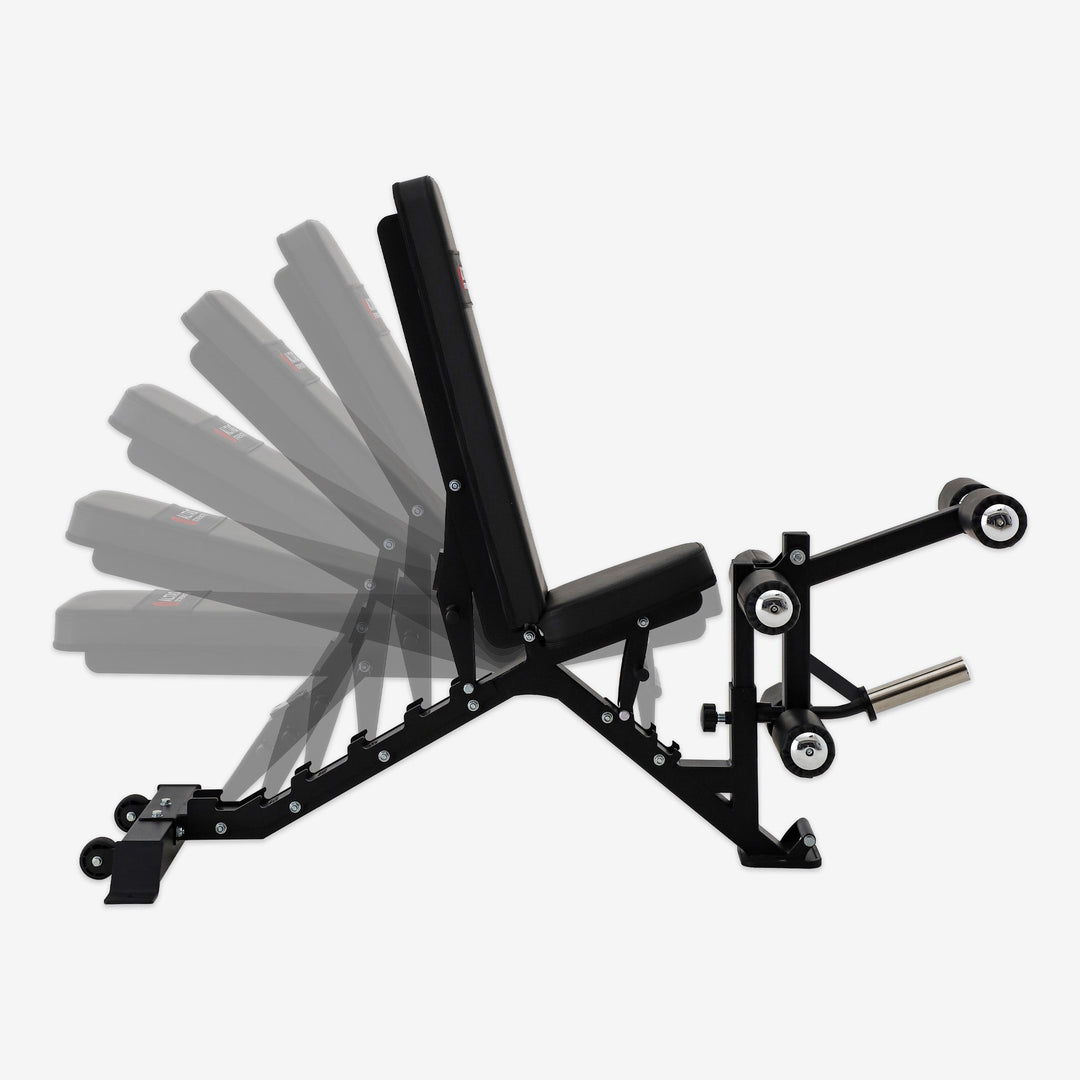 Black adjustable weight bench on a white background