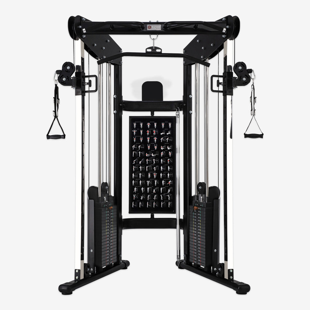 Gym equipment with weight stack and pulley system on a white background