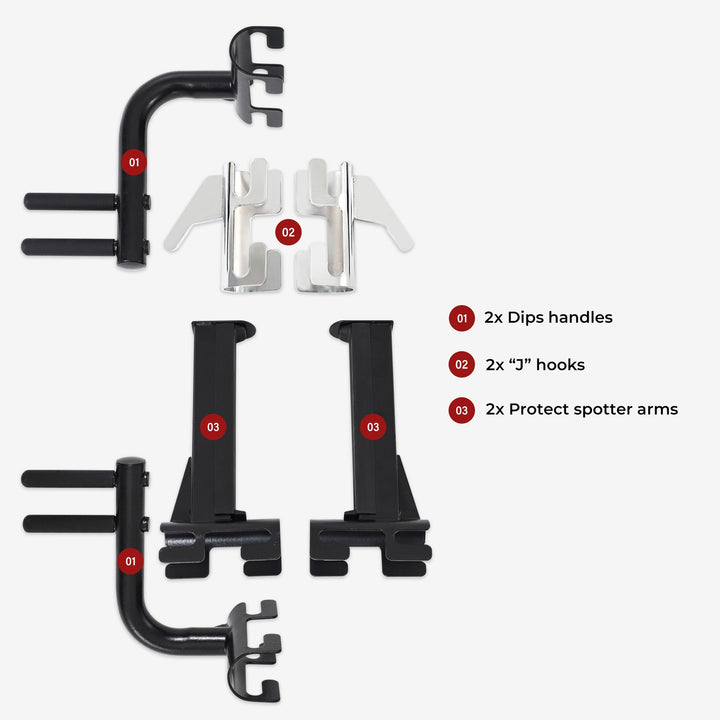 Set of black metal hooks with labeled components on a white background