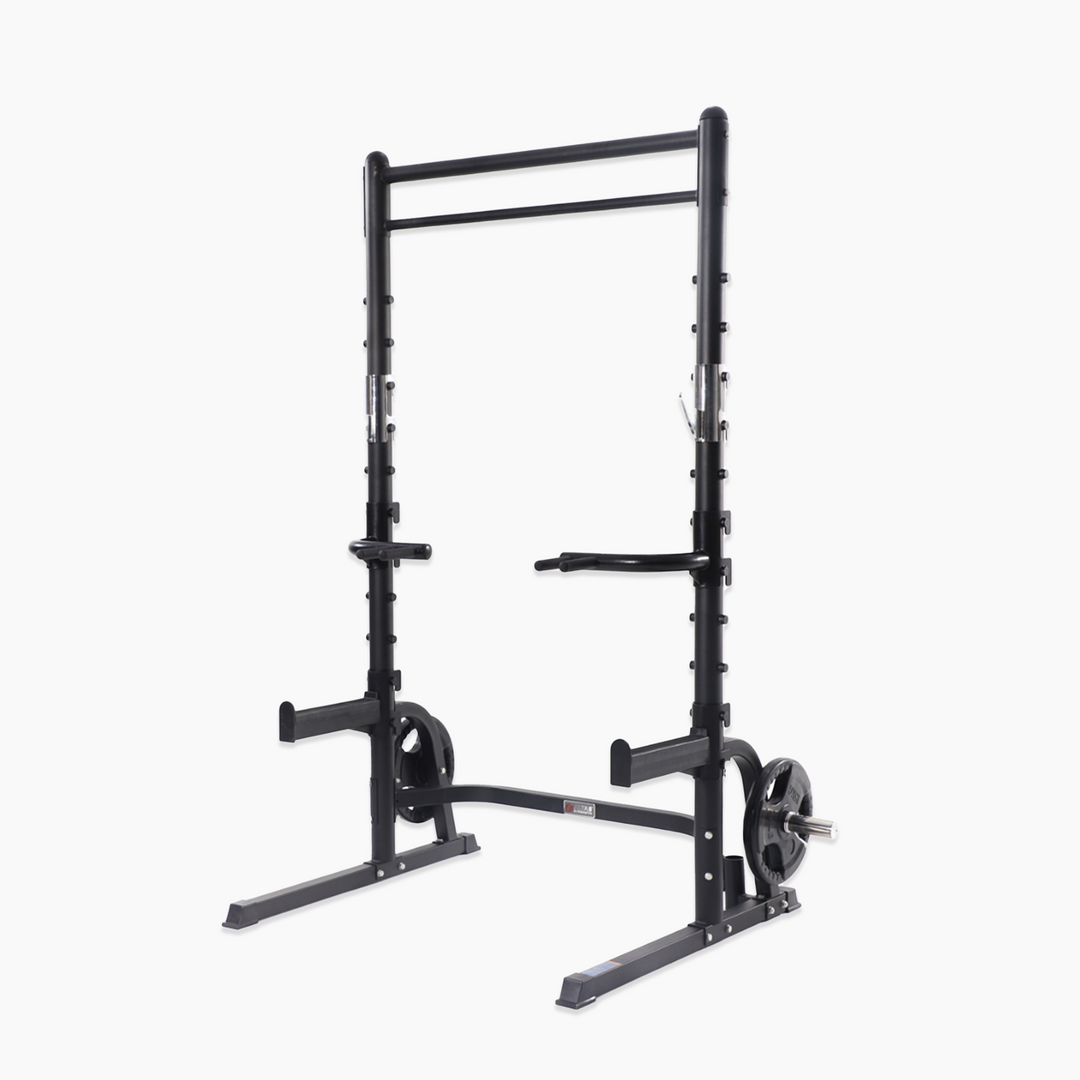 Black weightlifting rack on a white background