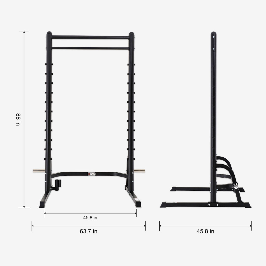 Black metal squat rack with dimensions on a white background