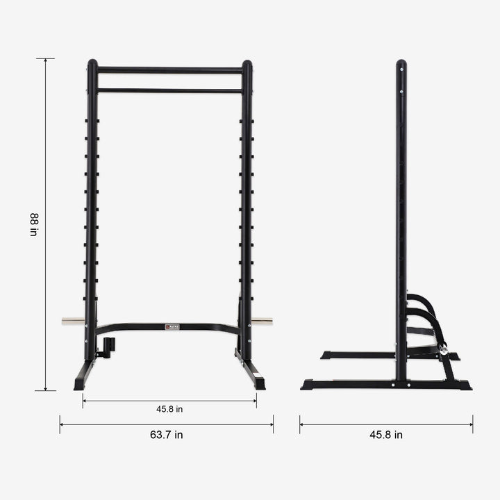 Black metal squat rack with dimensions on a white background