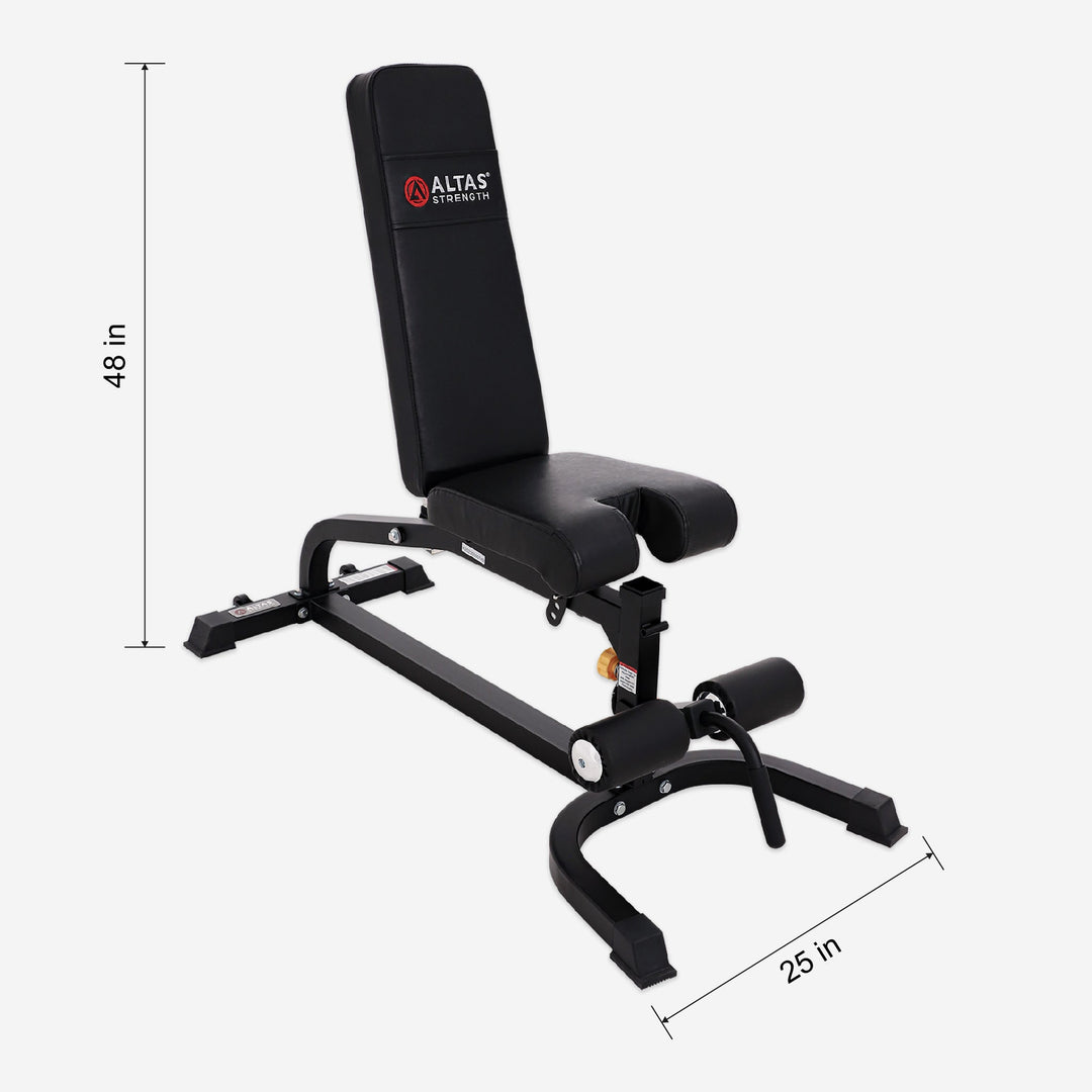 Black weight bench with Altas Strength logo and dimensions on a white background