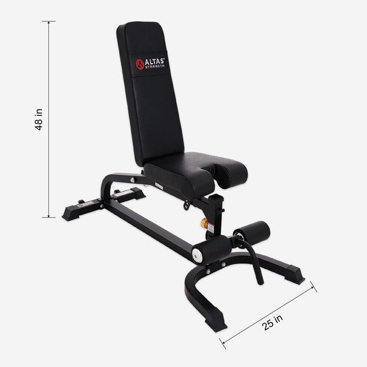 Black weight bench with Altas Strength logo and dimensions on a white background