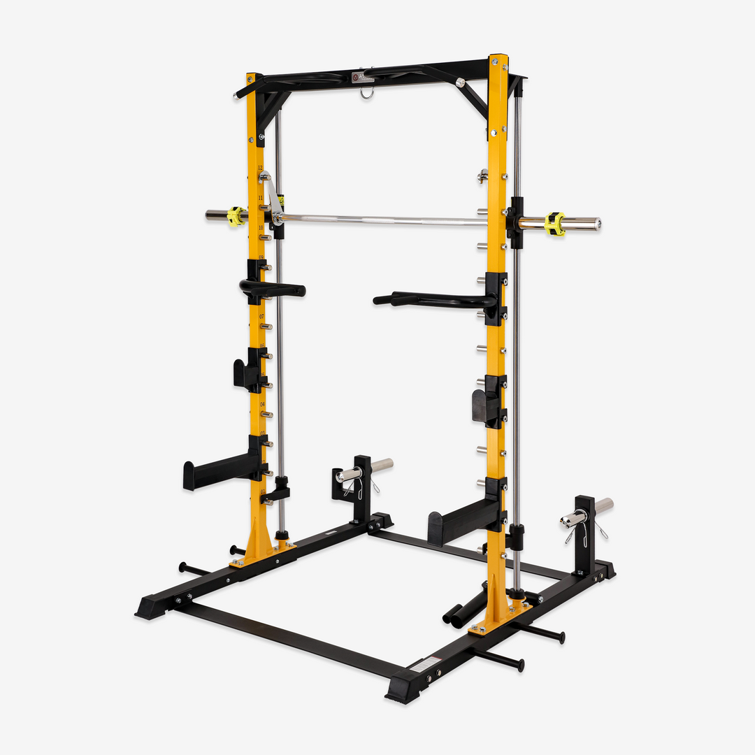Yellow and black weightlifting rack on a white background