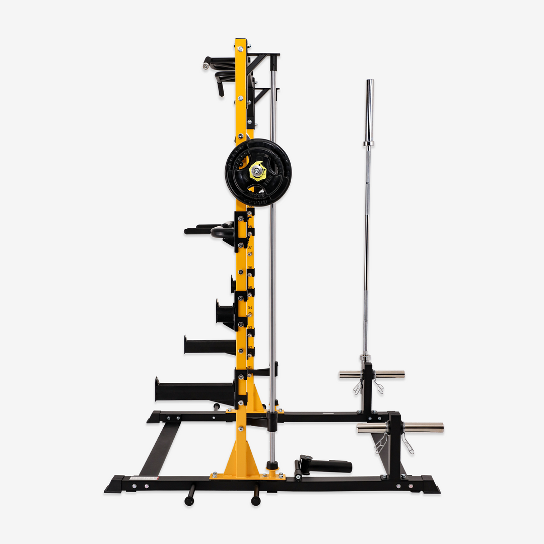 Yellow and black weightlifting rack on a white background