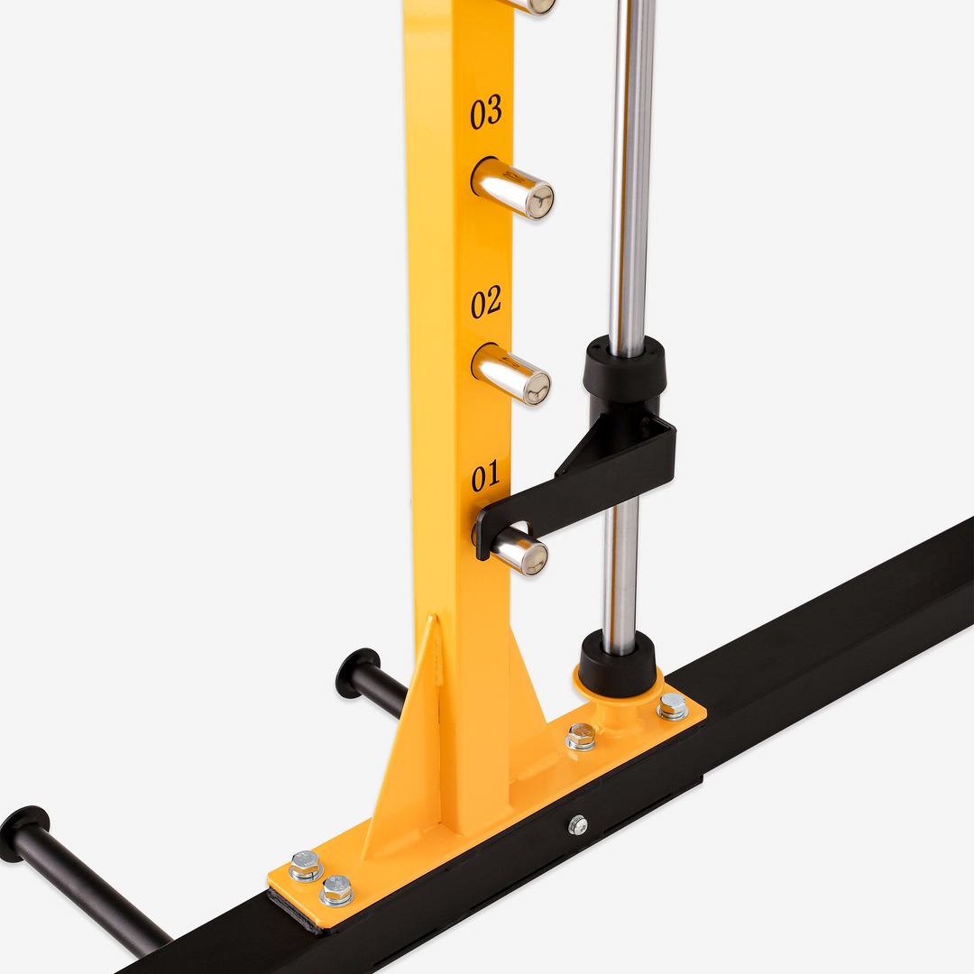 Yellow weightlifting barbell stand with numbered pegs on a white background