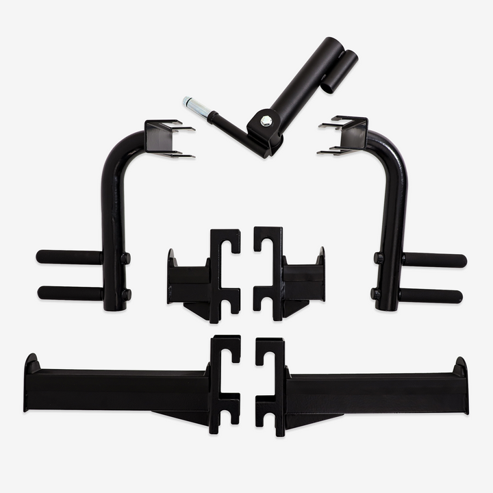 Set of black metal brackets on a white background