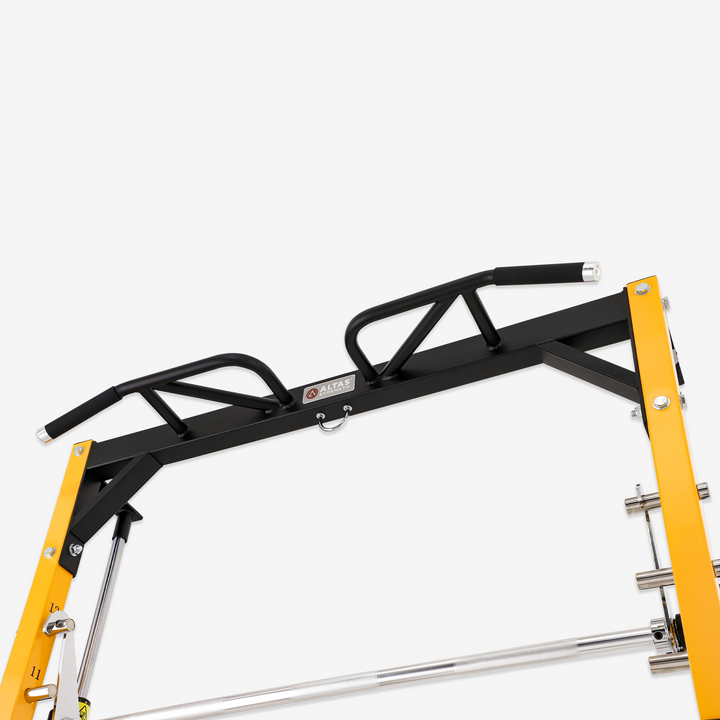 Yellow and black ladder with a platform on a white background