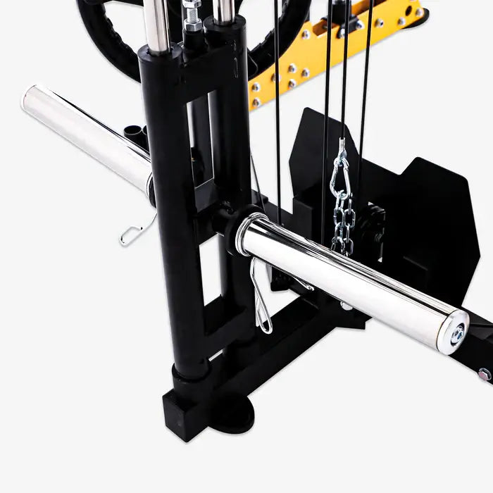 Close-up of Altas AL-3059 Smith Machine's weight attachment system for versatile strength training workouts.