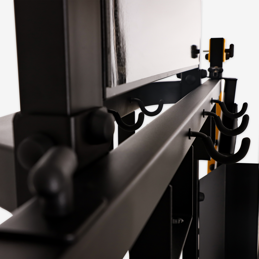 Close-up of a black metal bracket or support structure.