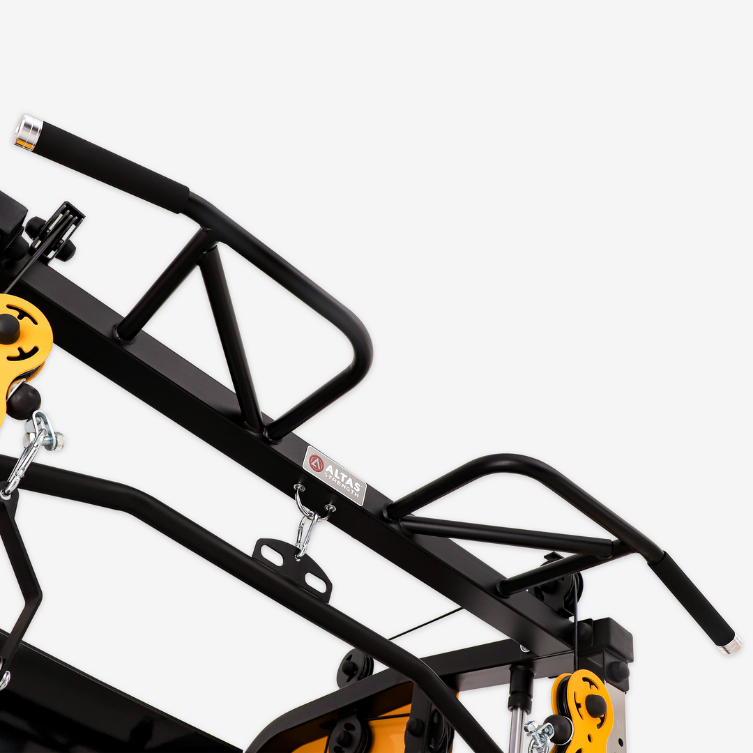 Black metal lifting frame with yellow accents on a white background