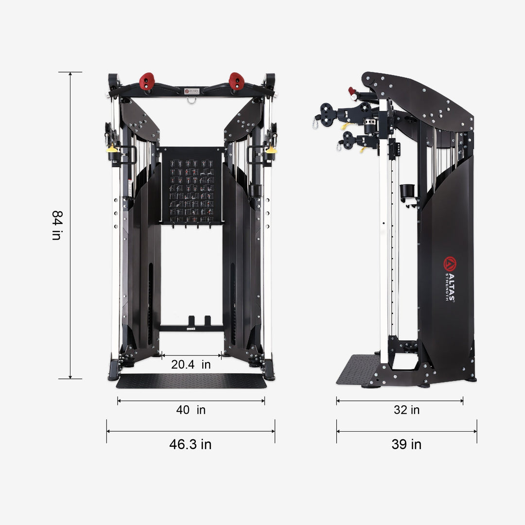 Gym machine with dimensions labeled on a white background