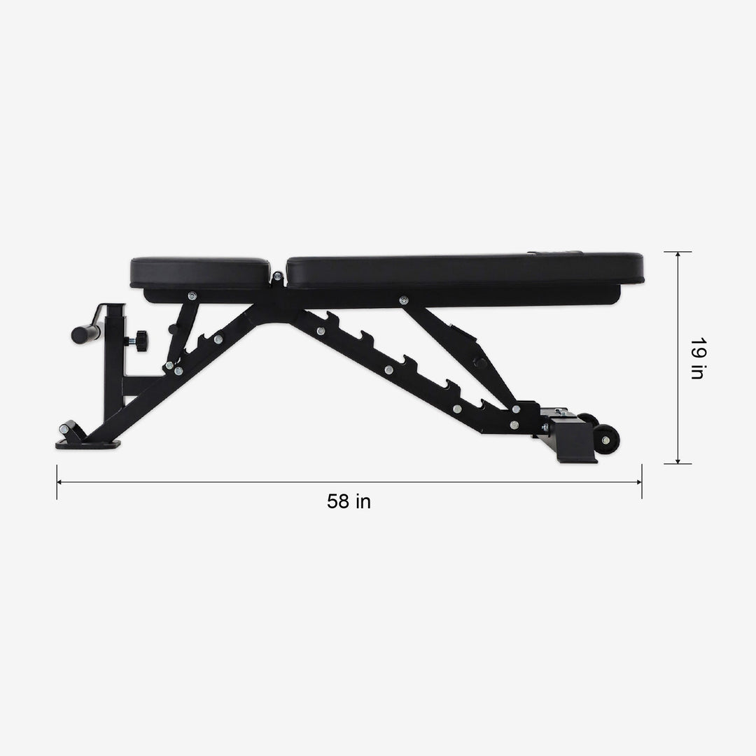 Black adjustable weight bench with dimensions on a white background