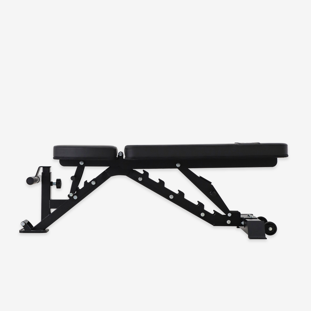 Black adjustable weight bench on a white background