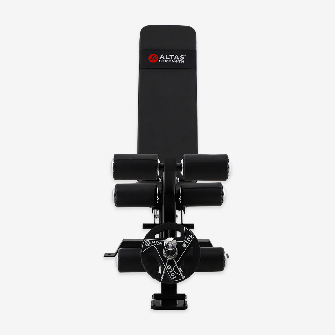 Black weight bench with 'Altas Strength' branding on a white background