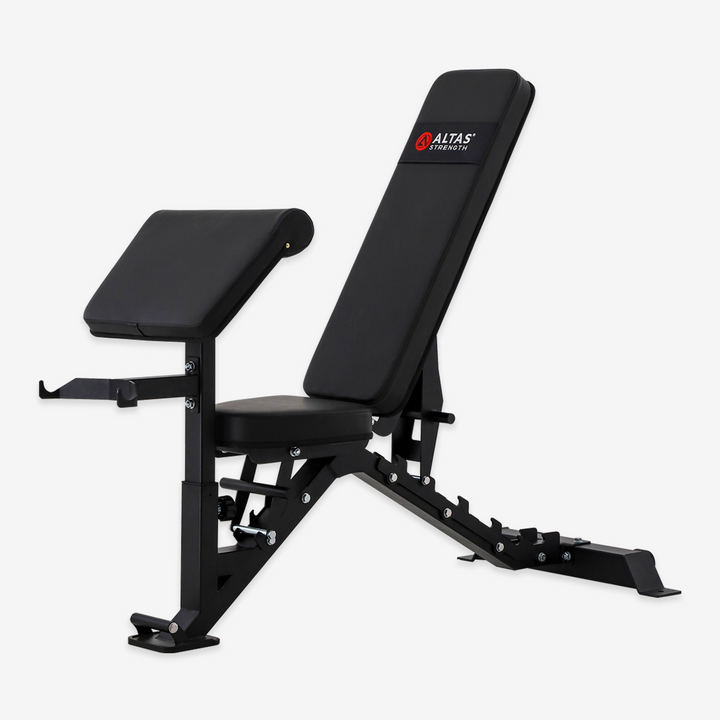 Black weight bench with adjustable components on a white background, featuring the Altas Strength logo.