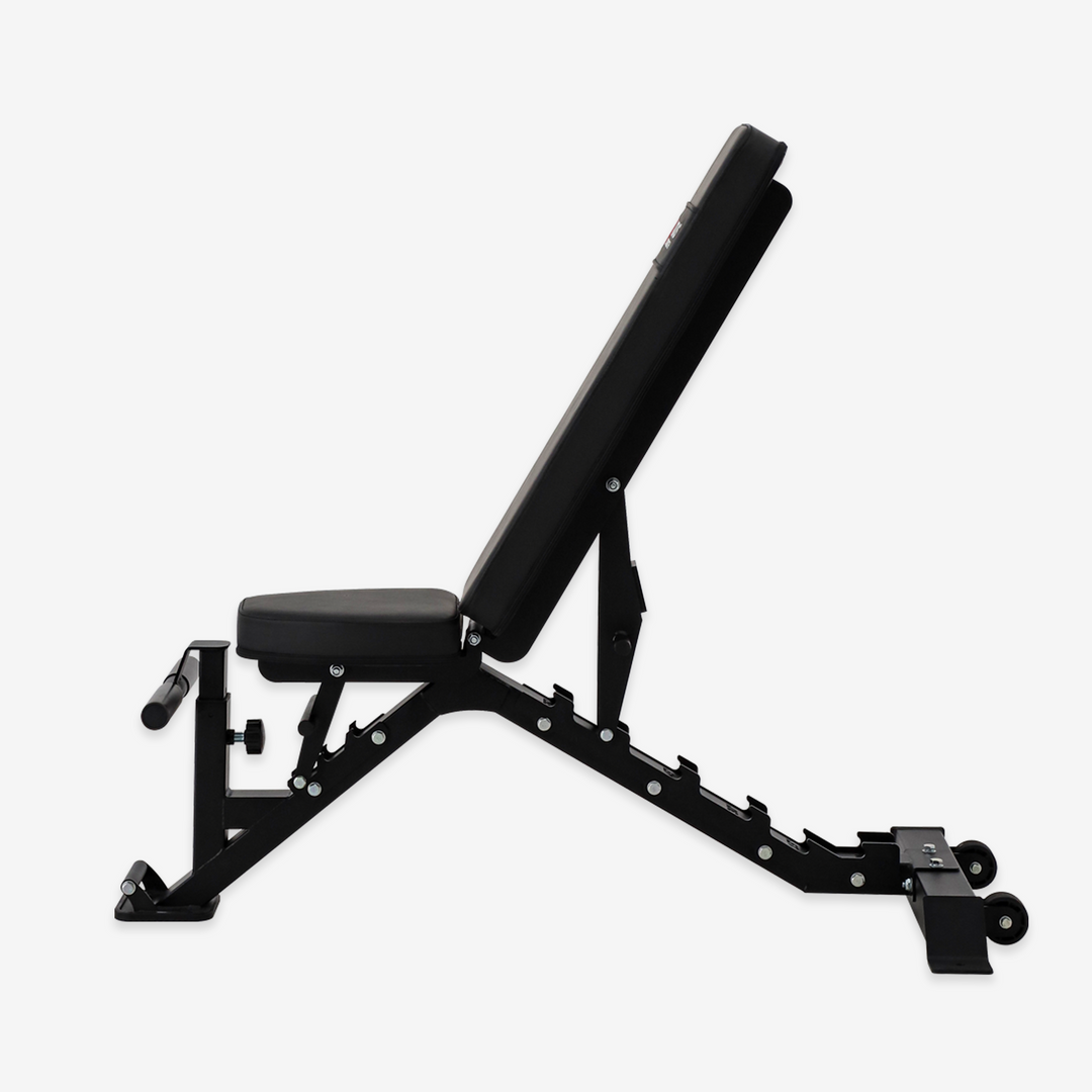 Black adjustable weight bench on a white background