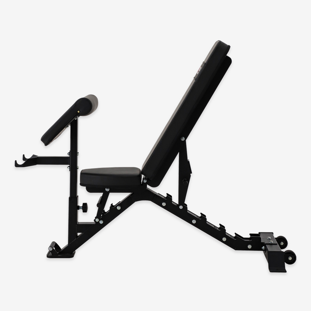 Black adjustable weight bench on a white background