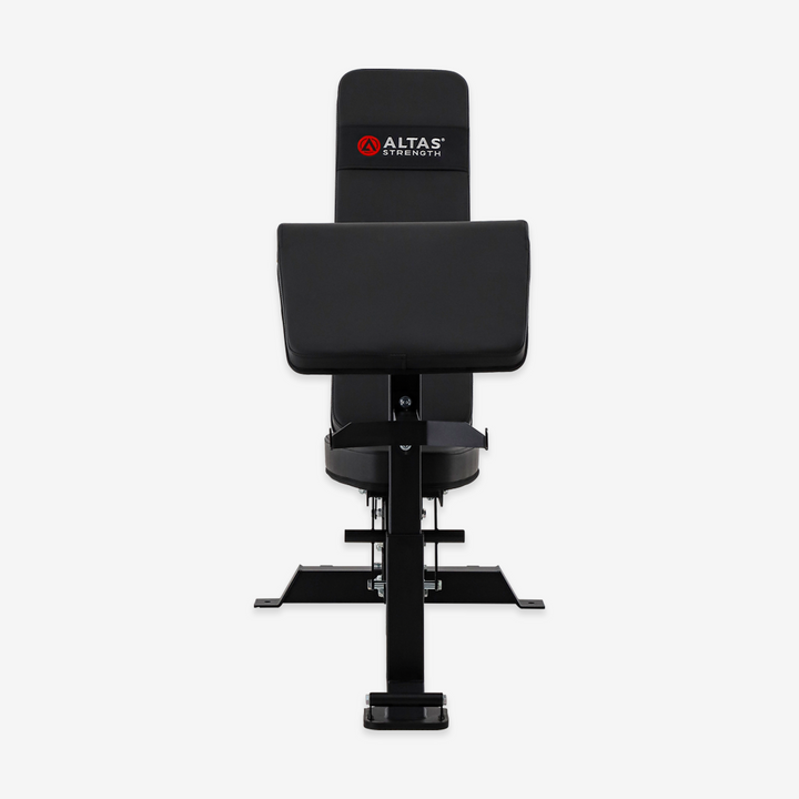 Black weight bench with 'Altas' branding on a white background