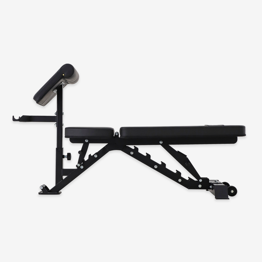 Black adjustable weight bench on a white background