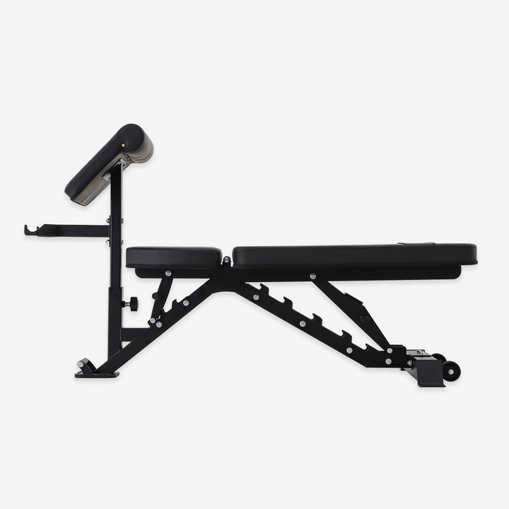 Black adjustable weight bench on a white background