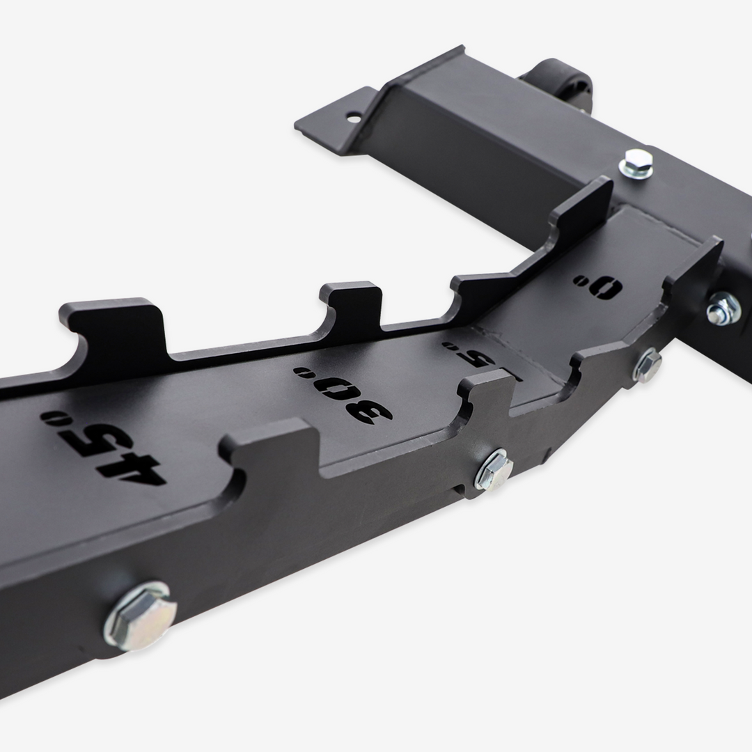 Black metal bracket with adjustable angles on a white background