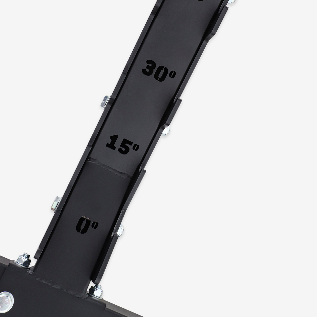 Black weightlifting bench with angle markings on a white background