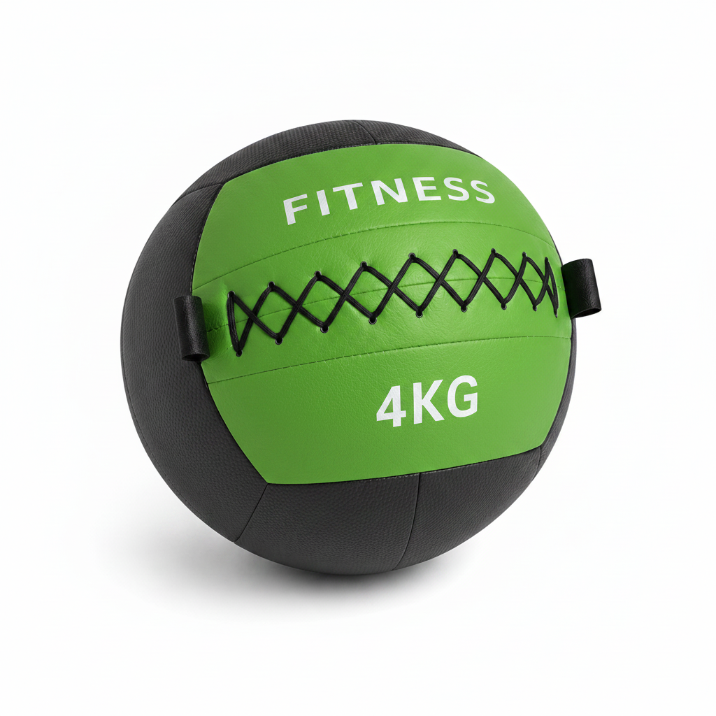 green and black fitness medicine ball labeled '4KG' on a white background