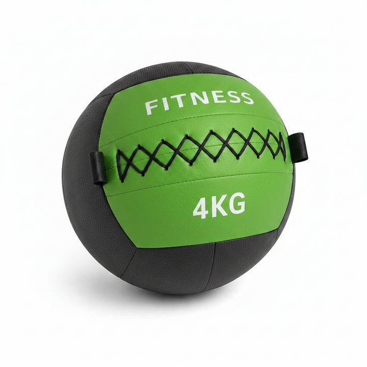 green and black fitness medicine ball labeled '4KG' on a white background