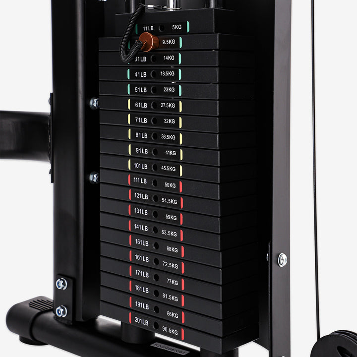 Stack of weight plates with labeled weight capacities on a black stand.