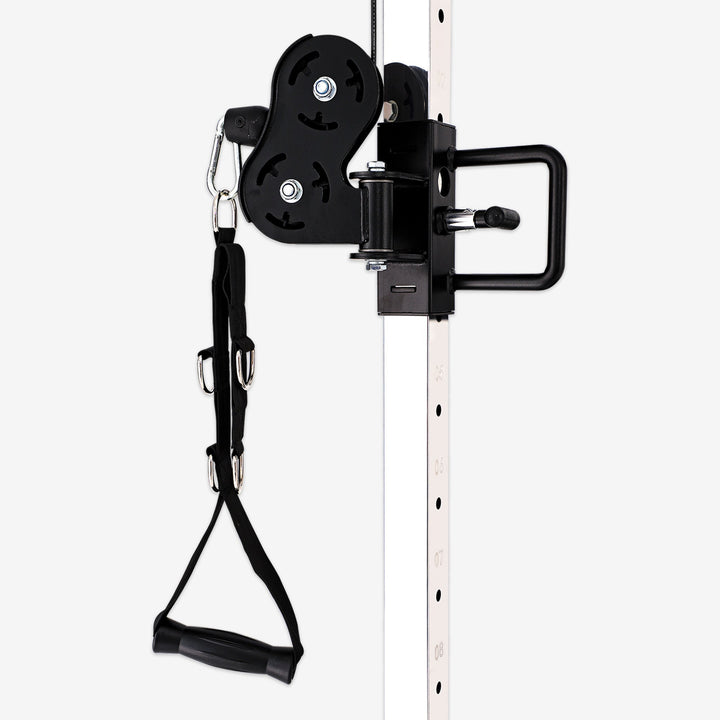 Black resistance band attachment on a white rack with a white background
