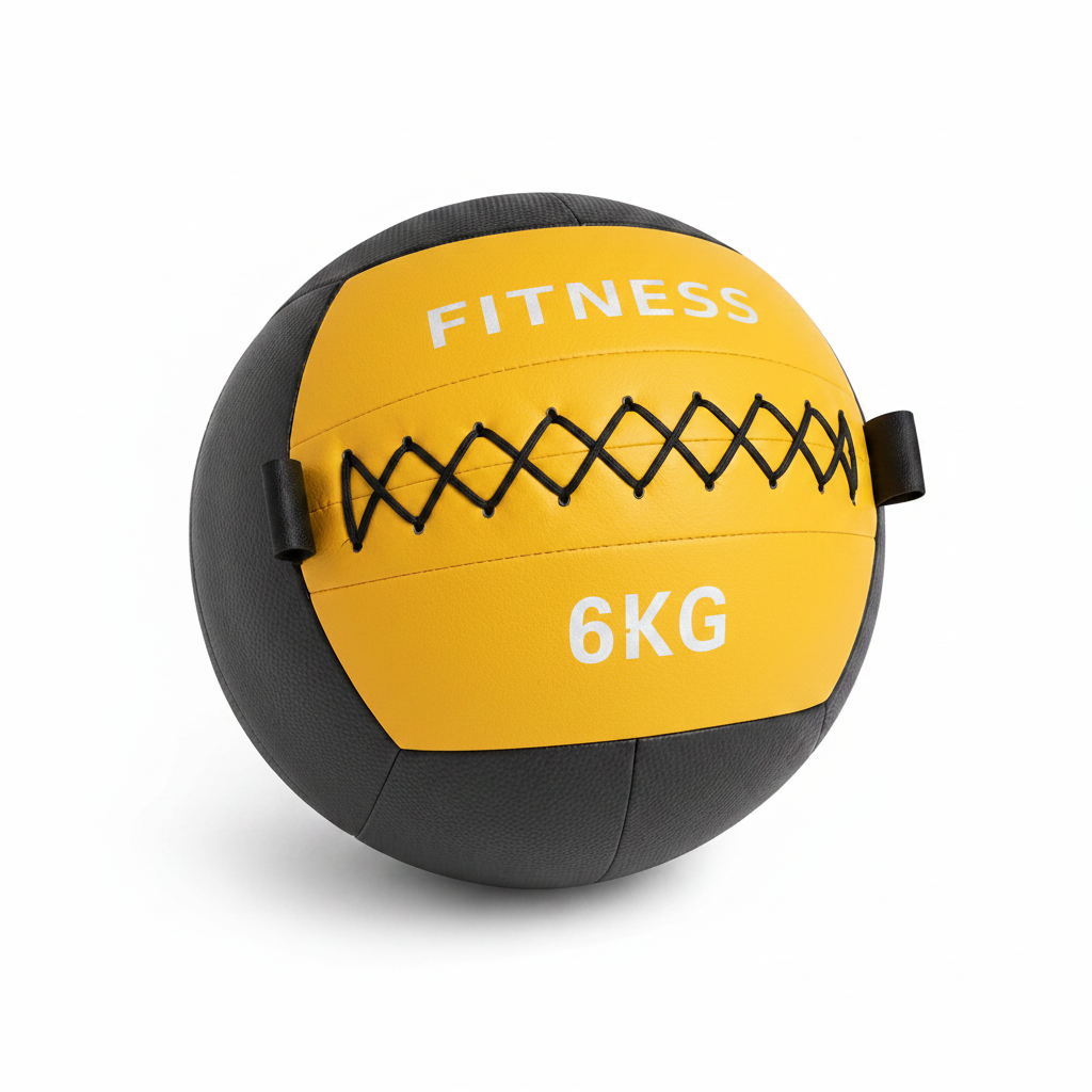 yellow and black fitness medicine ball labeled '6KG' on a white background