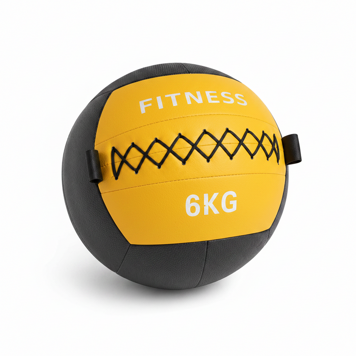 yellow and black fitness medicine ball labeled '6KG' on a white background