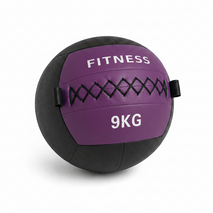 purple and black fitness medicine ball labeled 'Fitness 9KG' on a white background