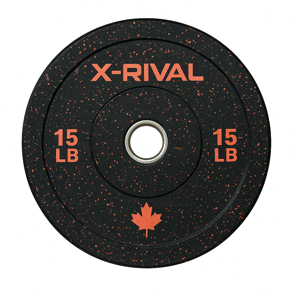 X-RIVAL 15 lb eco-friendly crumb bumper plate with red speckles and Canadian maple leaf design.