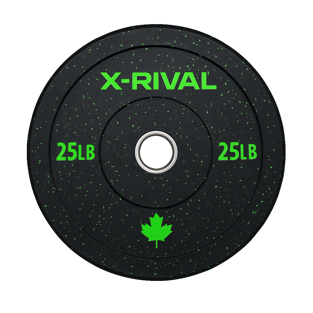 X-RIVAL 25LB crumb bumper plate with green speckles, eco-friendly gym equipment for optimal workouts.