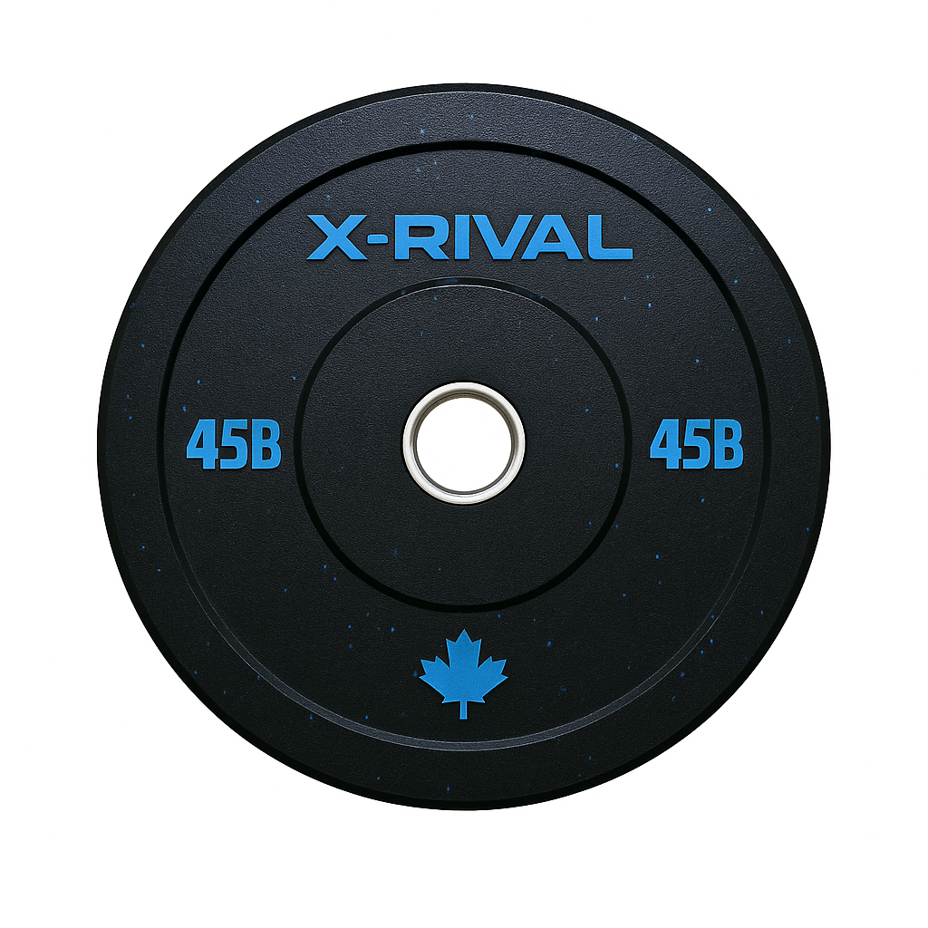 X-RIVAL 45 lb crumb bumper plate for barbell workouts, eco-friendly design ideal for gym equipment in Canada.