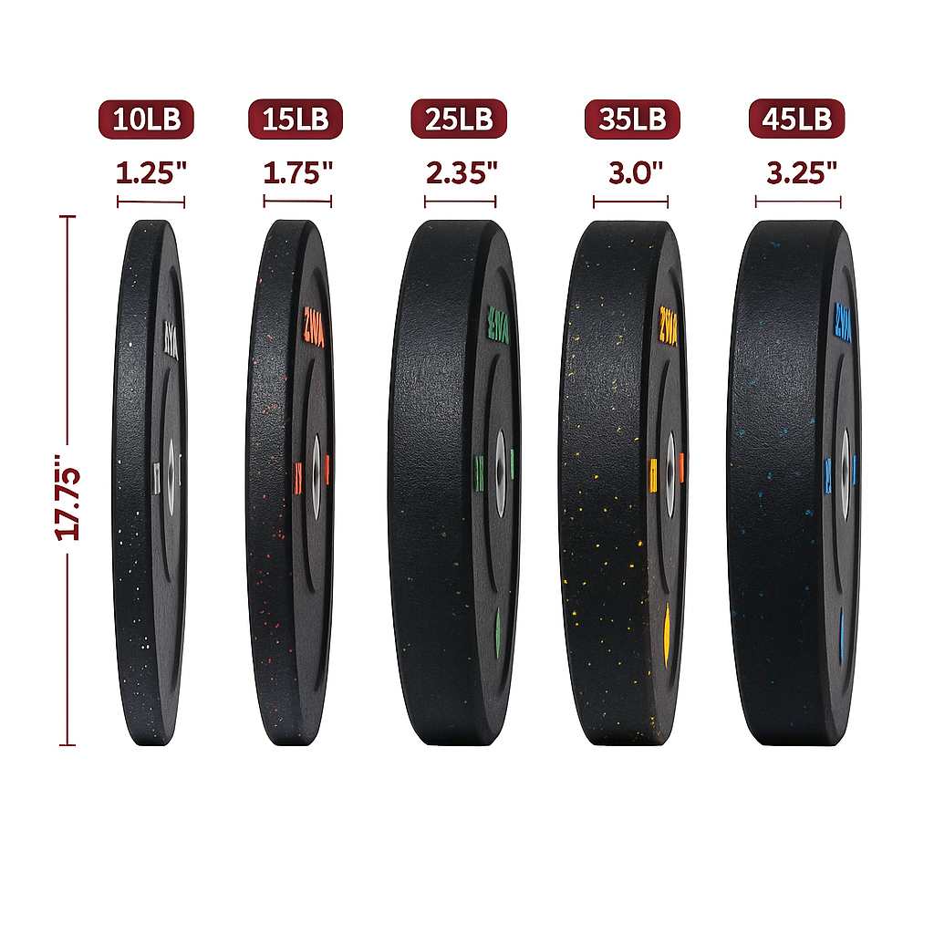 X-RIVAL Crumb Bumper Plates in various weights from 10LB to 45LB, designed for strength training and workouts.