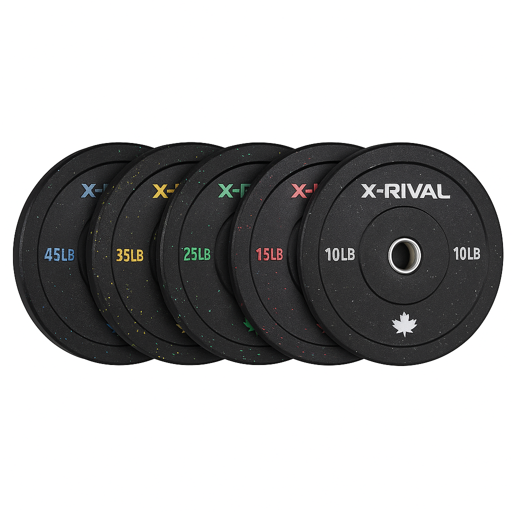X-RIVAL eco-friendly crumb bumper plates in various weights for gym workouts, sustainable fitness solution.