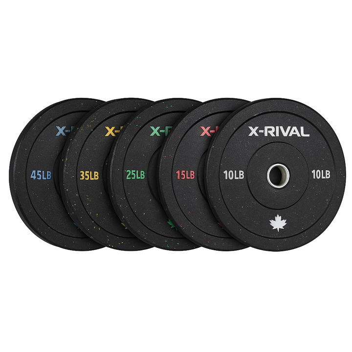 X-RIVAL eco-friendly crumb bumper plates in various weights for gym workouts, sustainable fitness solution.