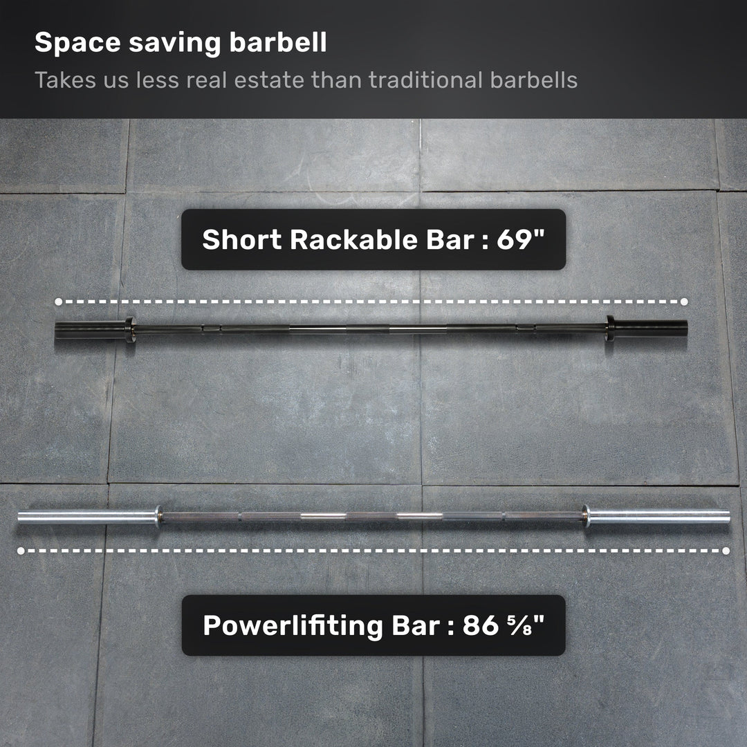Short Rackable Barbell compared with a full-length powerlifting bar