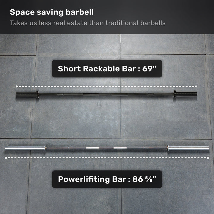 Short Rackable Barbell compared with a full-length powerlifting bar
