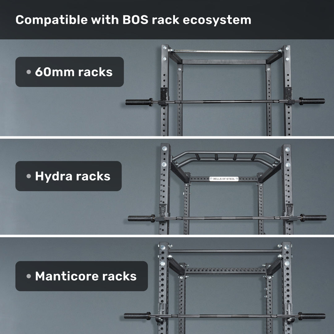 Short Rackable Barbell shown with Bells of Steel rack models
