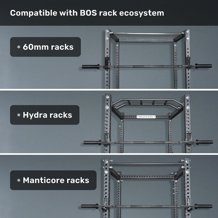 Short Rackable Barbell shown with Bells of Steel rack models