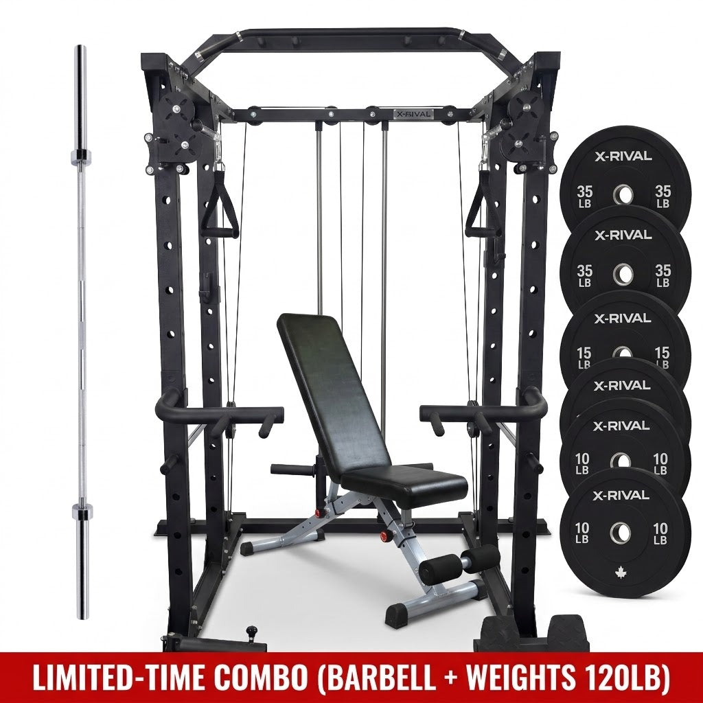 Gym equipment set with barbell, weight plates, and bench on a white background